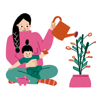 Mutter und Kind gießen einen Geldbaum